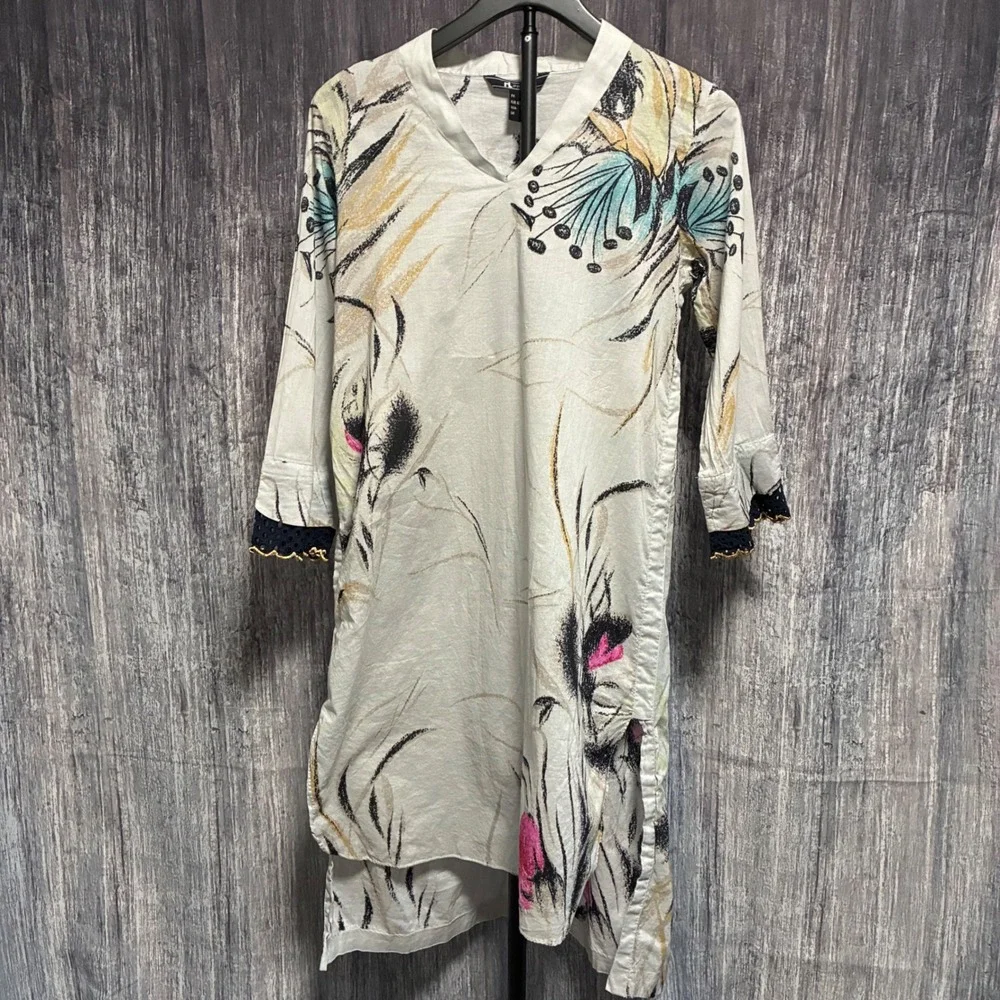 RL Pret Abstract Floral Tunic Blouse 3/4 Sleeve V-neck Light Weight Women Sz‎ 10